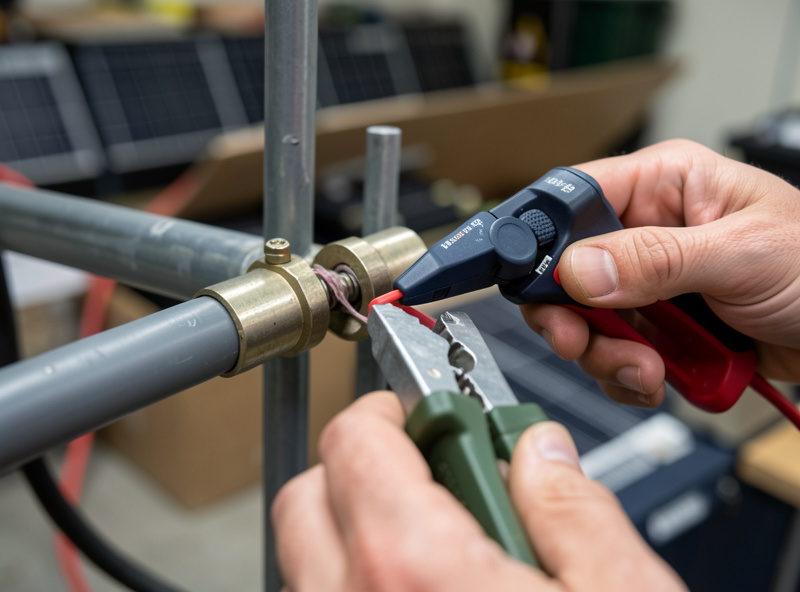 Digital clamp multimeter probing a DC cable connection to measure voltage drop on a solar battery bank
