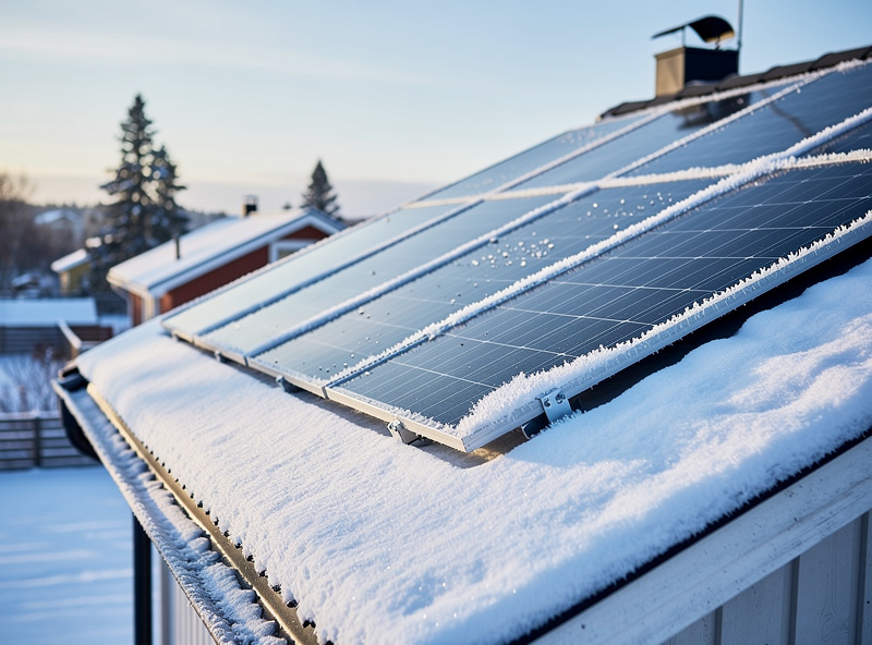Snow-dusted residential solar array on a Nordic roof in winter light