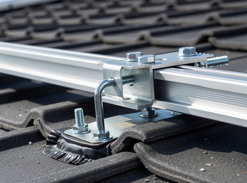 Solar panel rail mounting system bolted to a roof with flashing