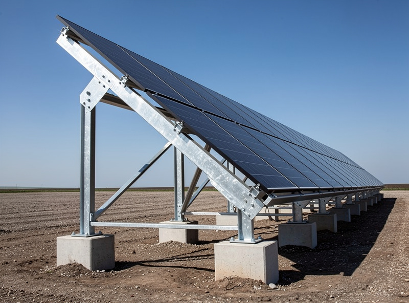 Ground-mounted solar array on a steel frame at an angled tilt