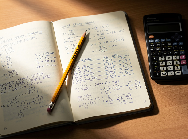 Notebook with solar array sizing calculation and a calculator