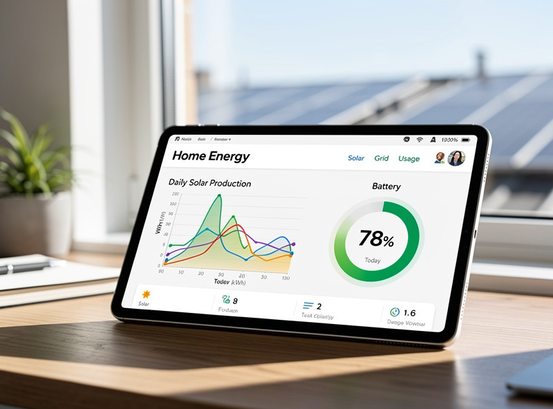 Home Assistant dashboard showing daily solar production and battery state of charge