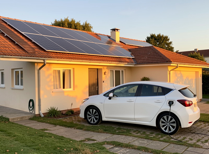 Rooftop solar array on a house with an electric car charging in the driveway under bright sky