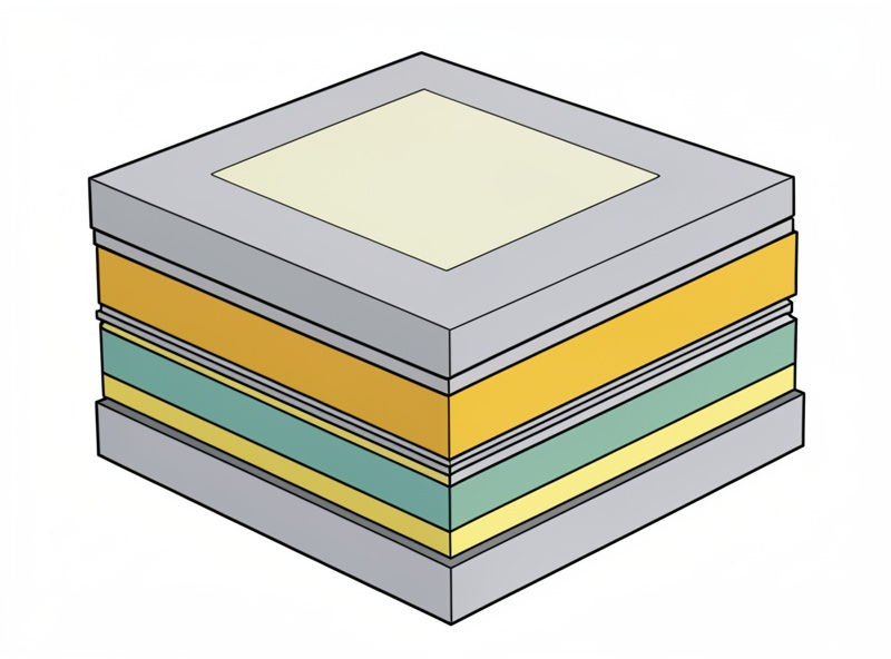Conceptual cutaway of a solid-state battery cell showing solid electrolyte layers