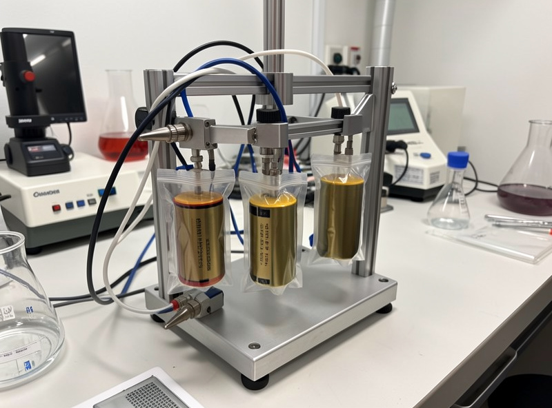 Solid-state battery research cells under test in a lab fixture