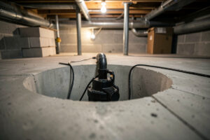 Basement sump pump in its pit backed up by a LiFePO4 battery and inverter