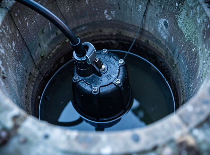 Sump pit with a submersible sump pump and float switch in a basement