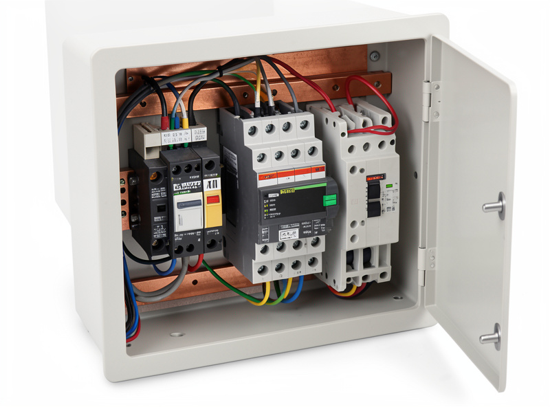 An open automatic transfer switch enclosure showing heavy contactors and control wiring
