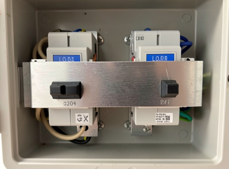 A breaker panel interlock kit, a sliding metal plate over two breakers