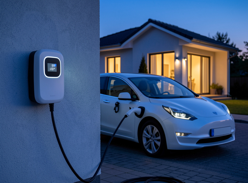 Electric car parked at a home with a bidirectional charger during a power outage at dusk