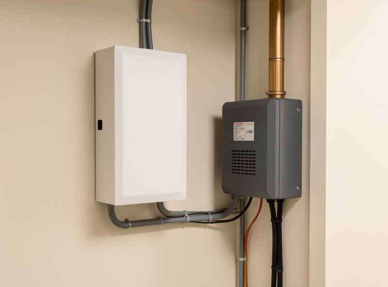 Home battery storage system mounted on a wall next to an inverter, providing dedicated backup power