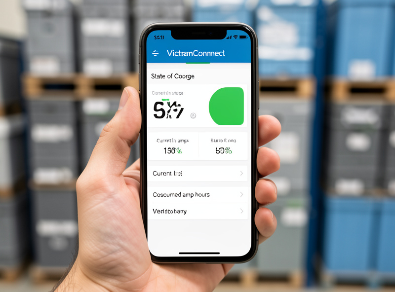 VictronConnect app screen on a phone showing state of charge, current, and consumed amp hours from a SmartShunt