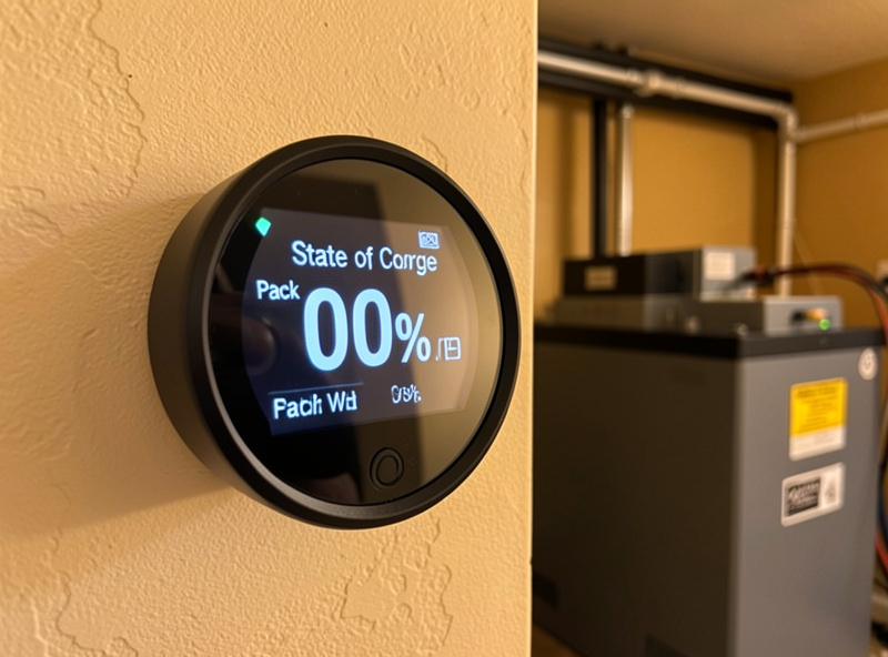 BMV-712 round head unit display mounted near a LiFePO4 battery bank showing state of charge percentage and voltage
