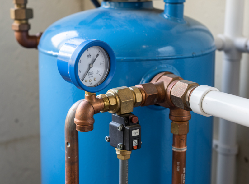 Submersible well pump pressure tank and pump controller in a basement utility room