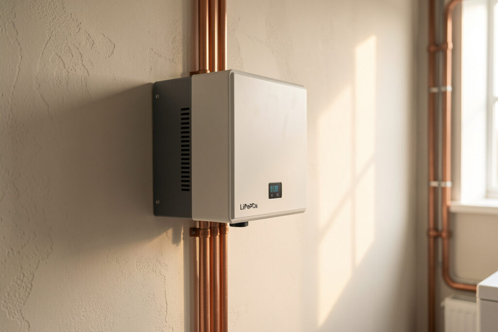 Wall-mounted LiFePO4 home battery bank with hybrid inverter powering household loads