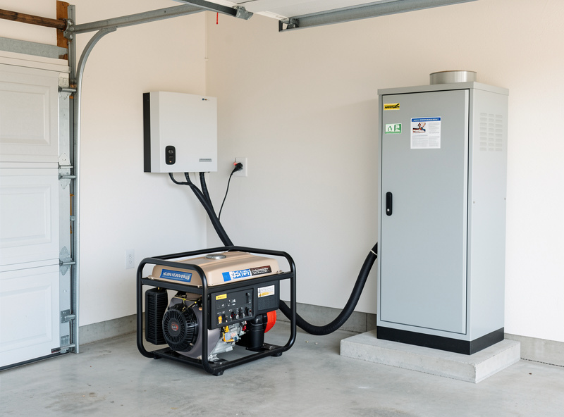 Inverter generator feeding a home hybrid inverter and battery cabinet